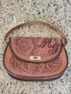 Hand-Tooled Floral Leather Shoulder Bag in Brown